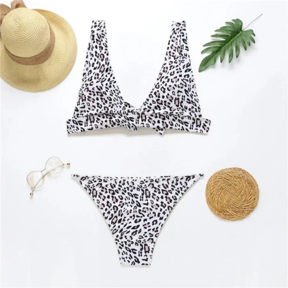 Animal Print V-plunge Triangle Bralette Bikini Set Swimsuit - Picture 2 of 8